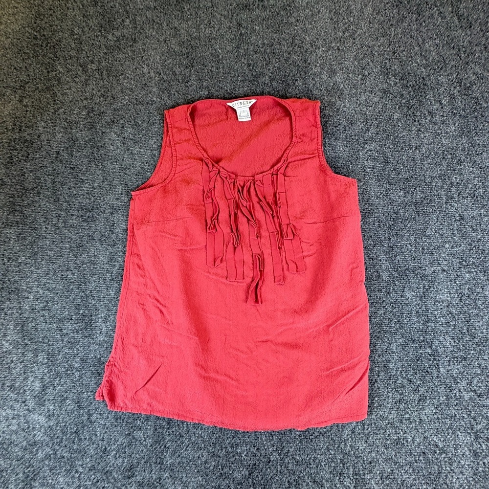 Citron Santa Monica Tank Top Womens Small Red Textured Ruffled Front Round Neck